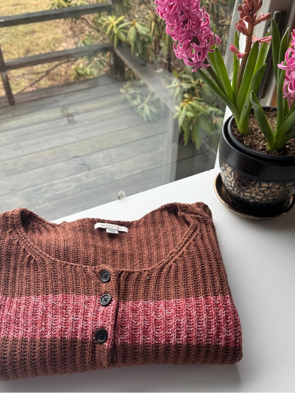 American Eagle Striped Brown and Pink Knit Button-Front Women's Sweater